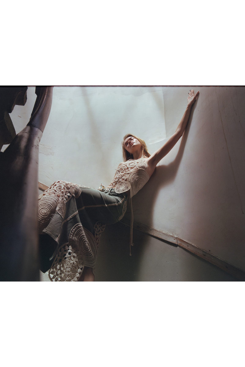 Yeşil Güpür Detaylı Kot Etek