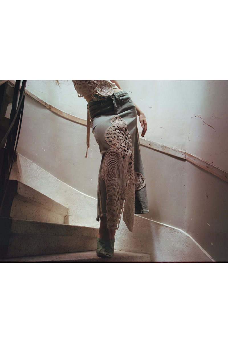 Yeşil Güpür Detaylı Kot Etek