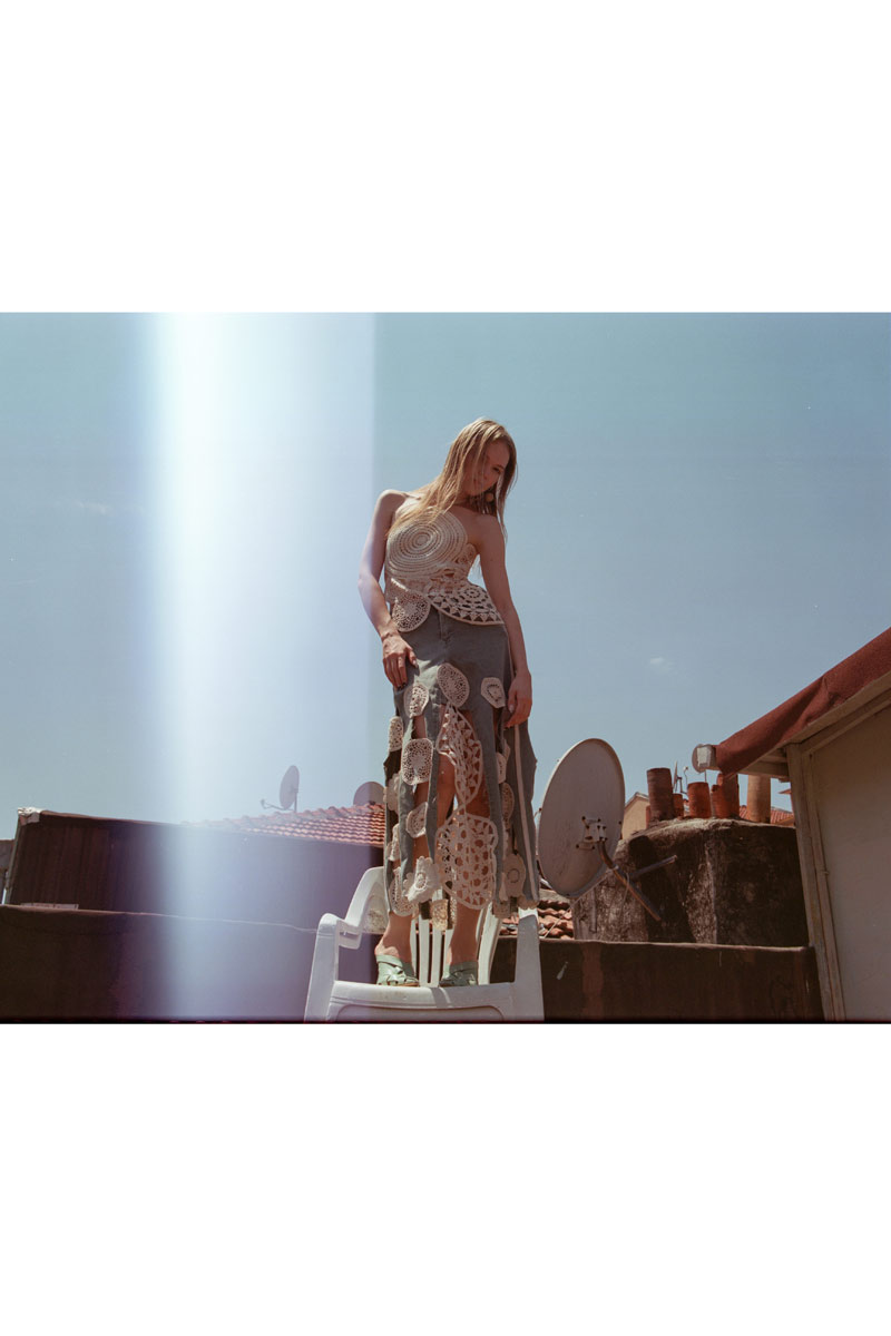 Yeşil Güpür Detaylı Kot Etek