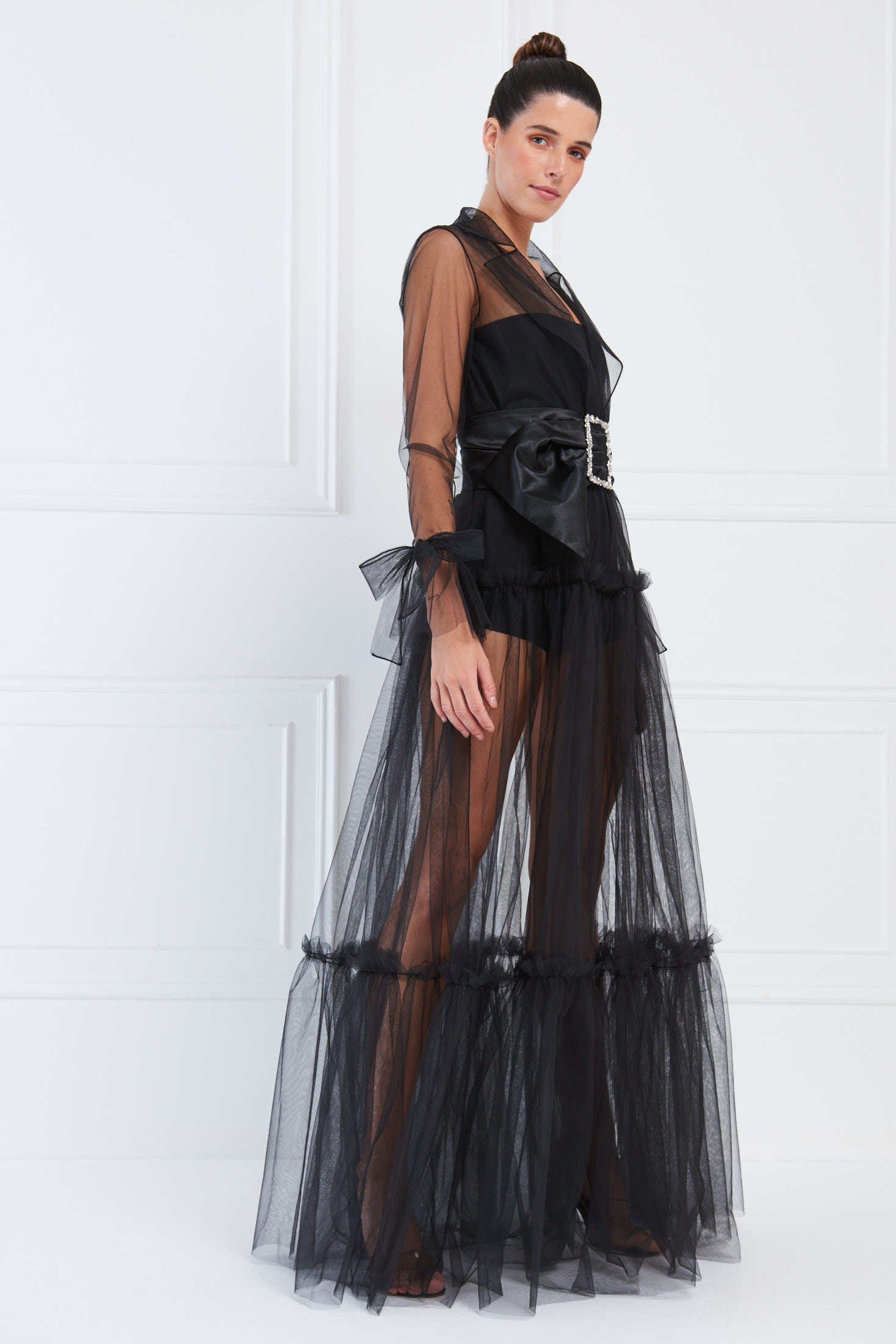 Sheer Black Belted Maxi Dress | Kikiriki